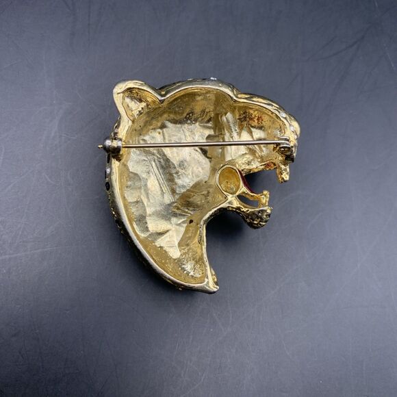 Leopard Head Brooch Pin Big Cat Clear Rhinestone Black Green Enamel Vintage - Picture 6 of 7